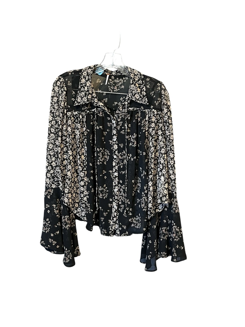 Free People Floral Sheer Blouse Bell Sleeve Black Ivory Boho Women’s M
